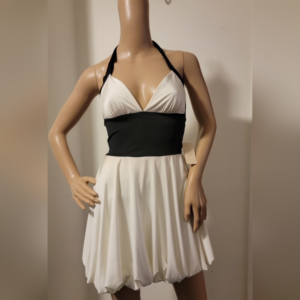 NWT Elegant Black and Cream Halter Dress